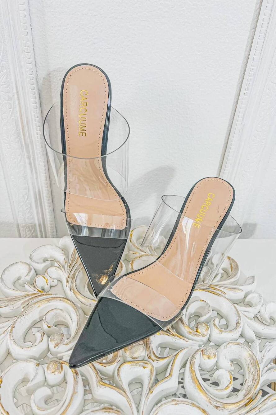 NEW SURELYMINE women's double clear straps pointy heels in black